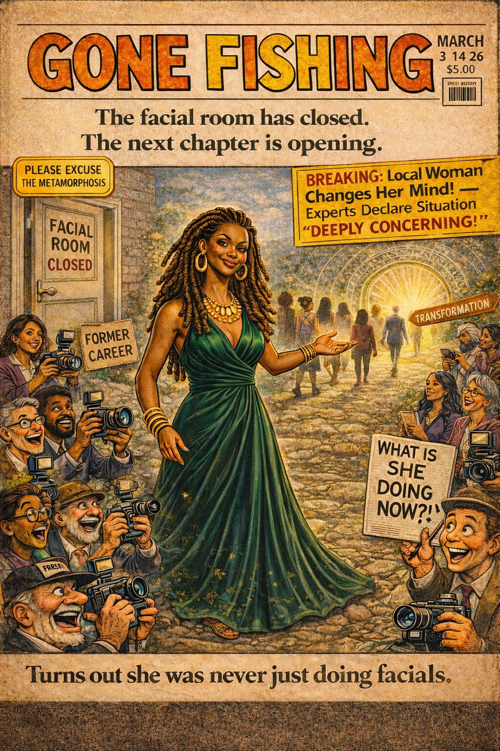 Retro satirical comic illustration of a glamorous woman stepping into a new chapter, leaving the facial room behind and moving into transformational coaching.