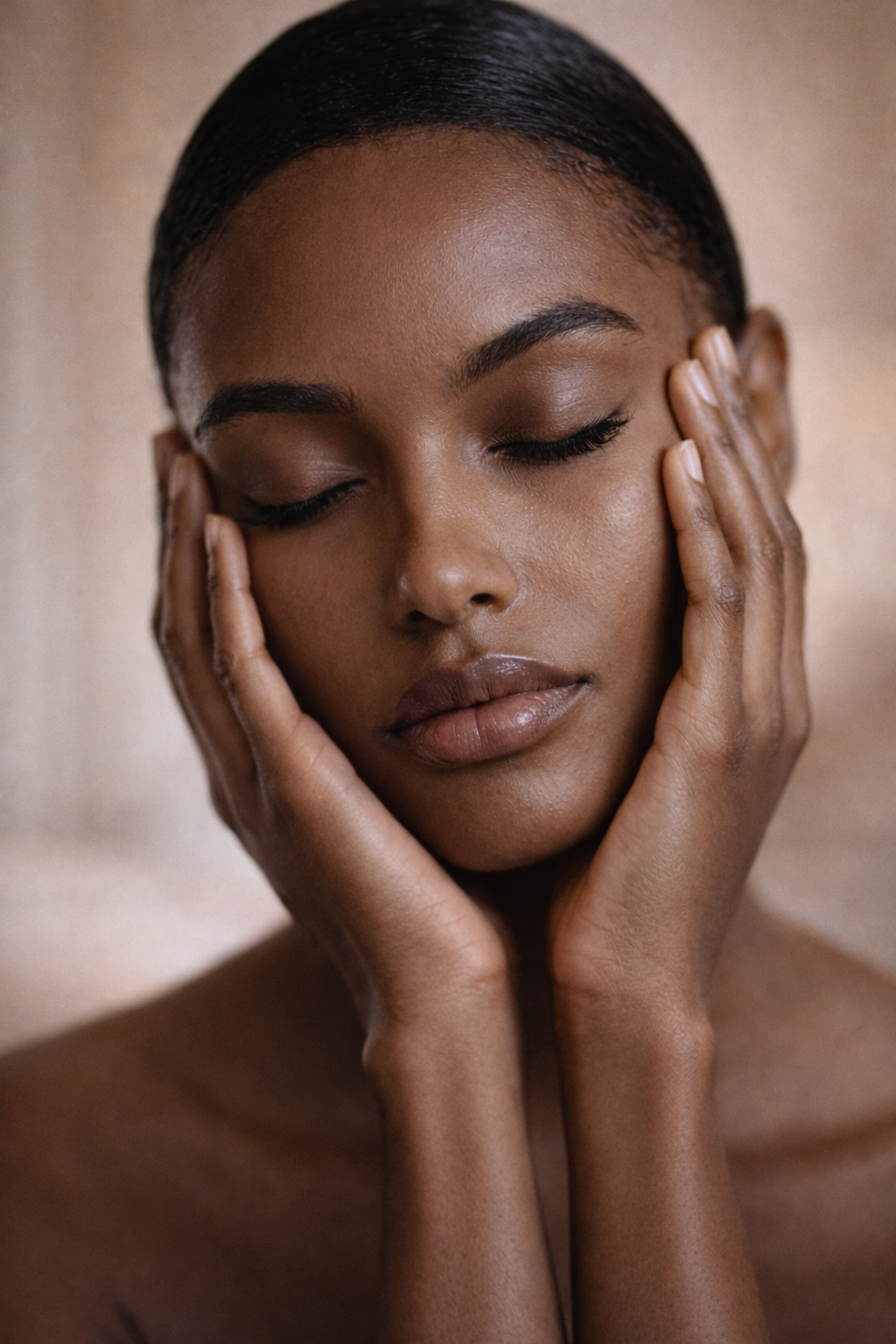 Woman gently holding her face with eyes closed, embodying calm, presence, and intentional skincare
